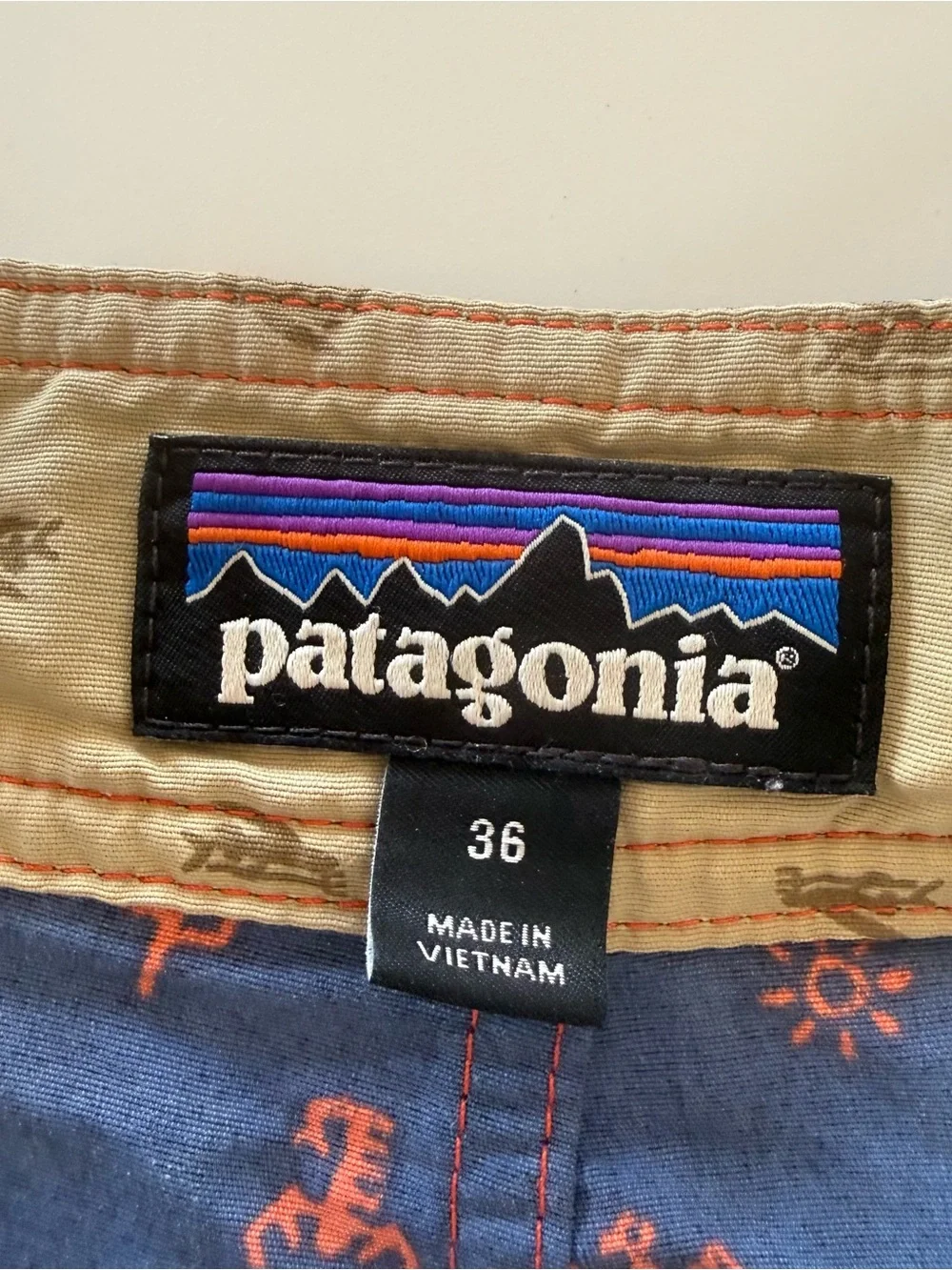 Patagonia Mens Board Shorts Blue Orange Southwest Desert Print Swim Trunks 36